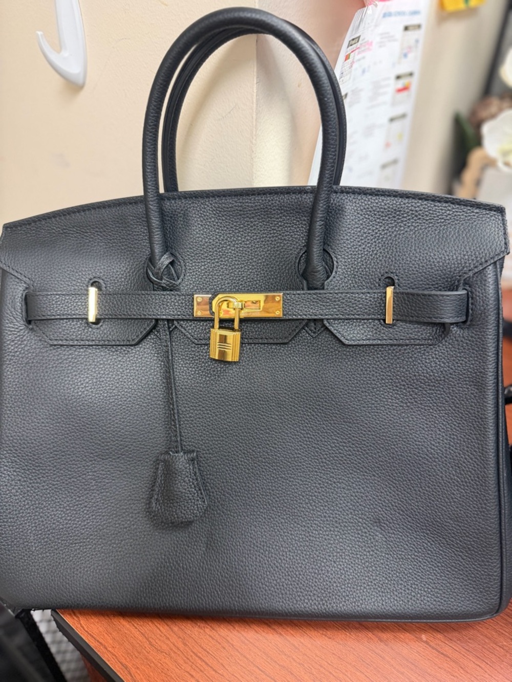 Black Leather Tote with Gold Hardware